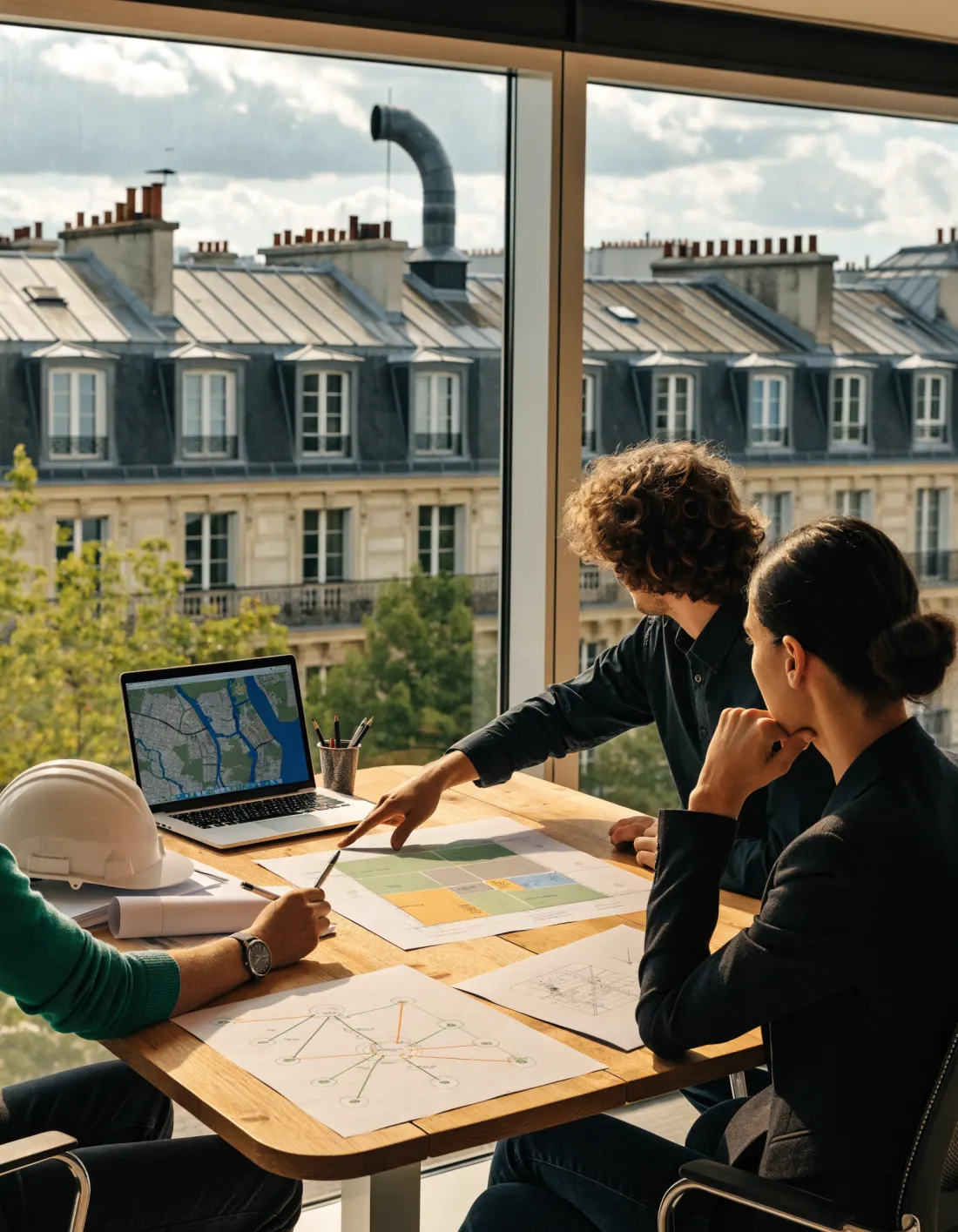 Illustration : équipe pluridisciplinaire étudiant des plans de site, de raccordement électrique et de réseau fibre