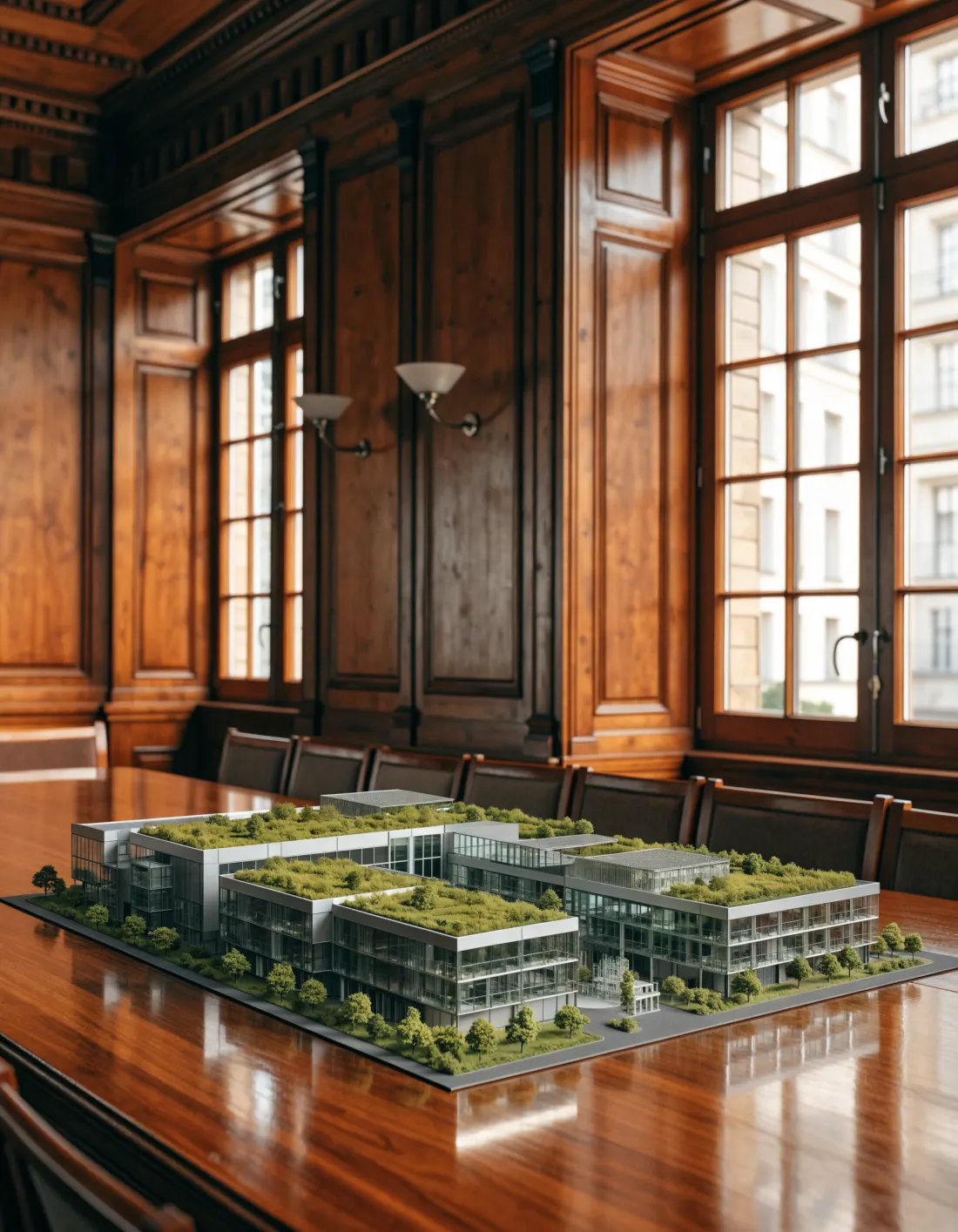 Illustration : maquette d'un campus de data center présentée dans une salle du conseil municipal