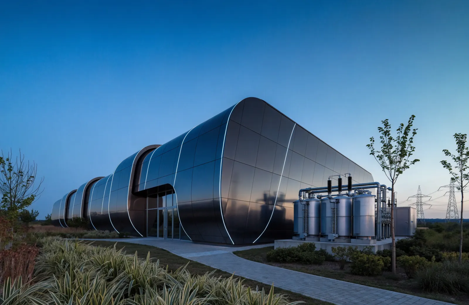 Illustration : campus de data center moderne à l'heure bleue, avec poste électrique et lignes haute tension